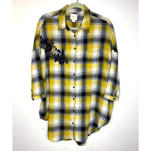 Maeve Anthropologie Yellow Plaid Floral Embroidered Oversized Tunic Size M/L